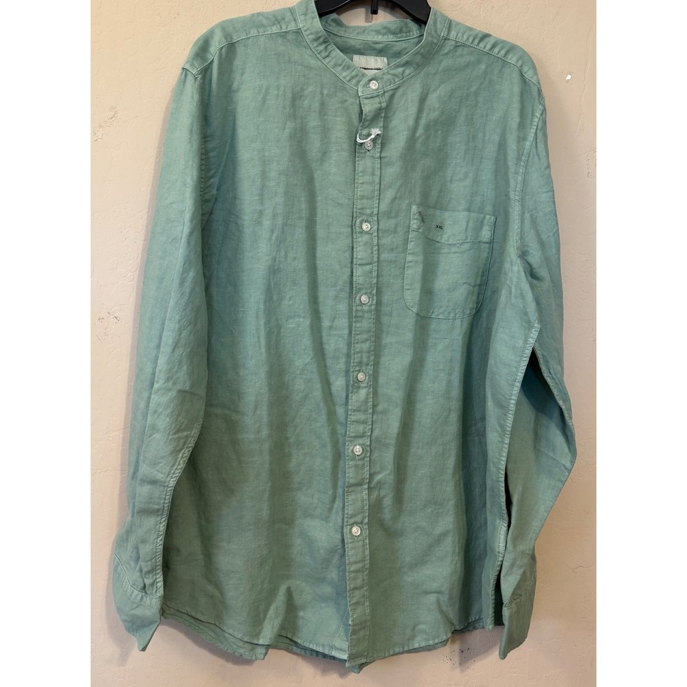 American Eagle‎ Shirt Men XXL Green Mandarin Collar Button Down Linen Blend NWOT